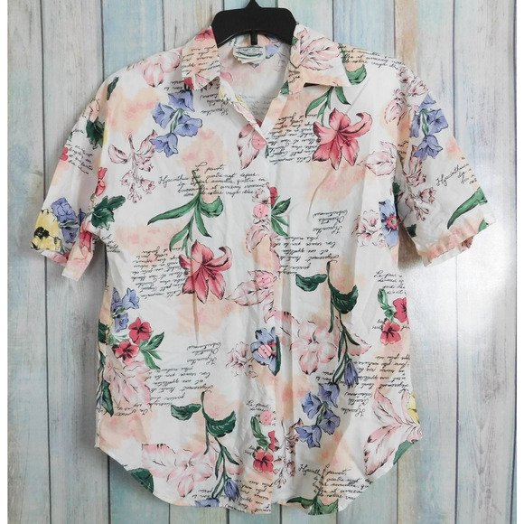 Woman Shirt Small Short Sleeve White Pink Green Flowers Vintage Separate Issue - Picture 1 of 6